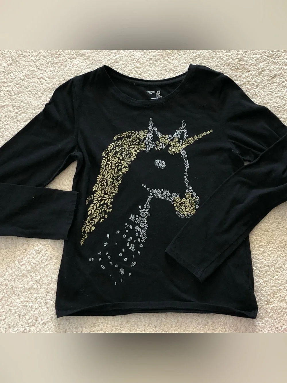 GAP Kids Gold Silver Unicorn Horse Black Long Sleeve Shirt Top Girls XL 12